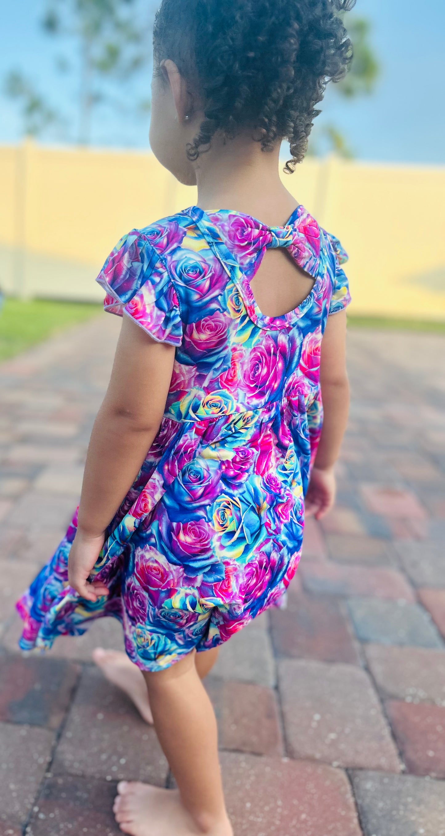 Fluorescent Flowers Twirl dress with Bow back