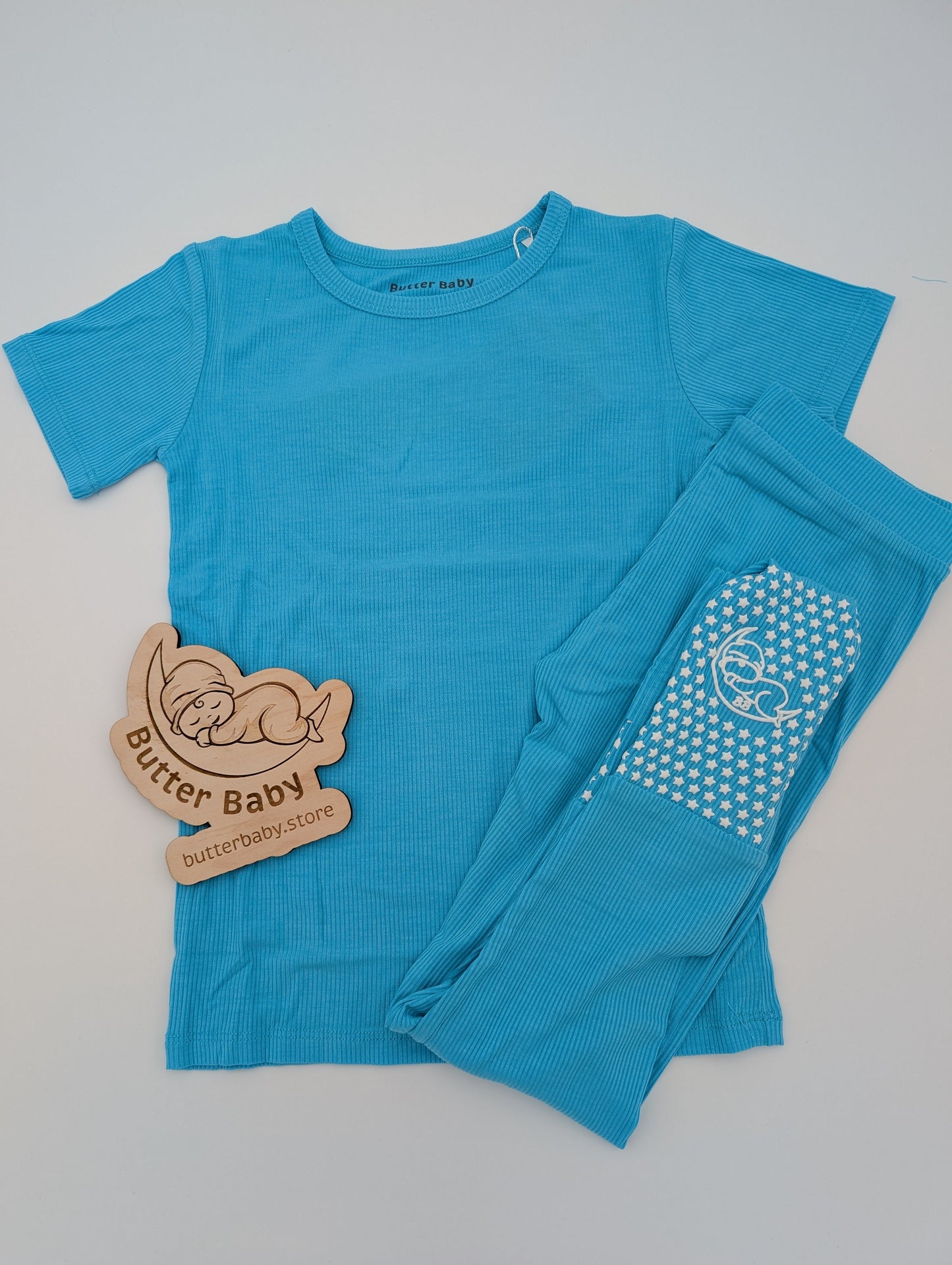 Blue Bliss ribbed Short Sleeve with pants 2pc Set