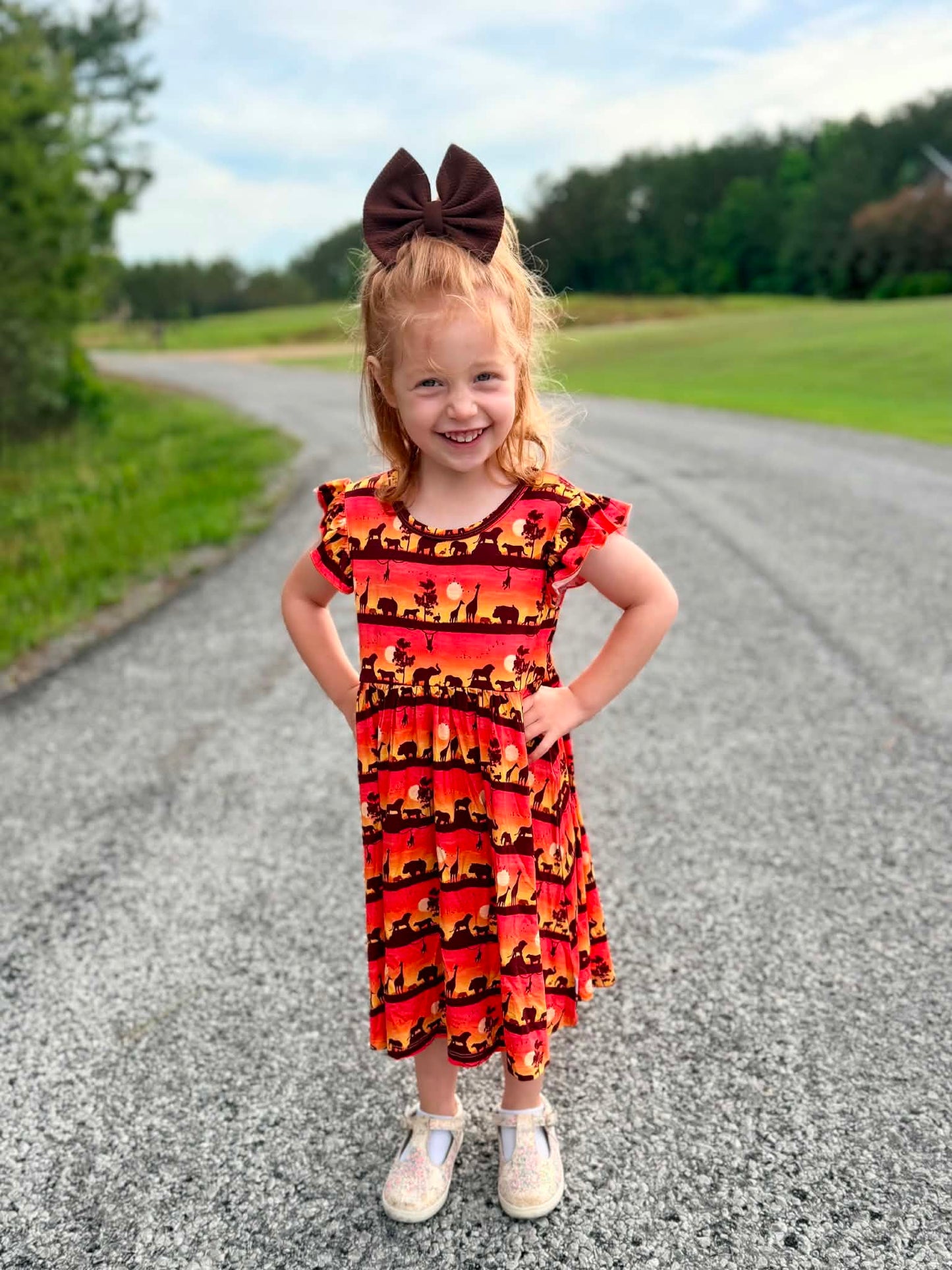 Sunset Safari Twirl dress with Bow back