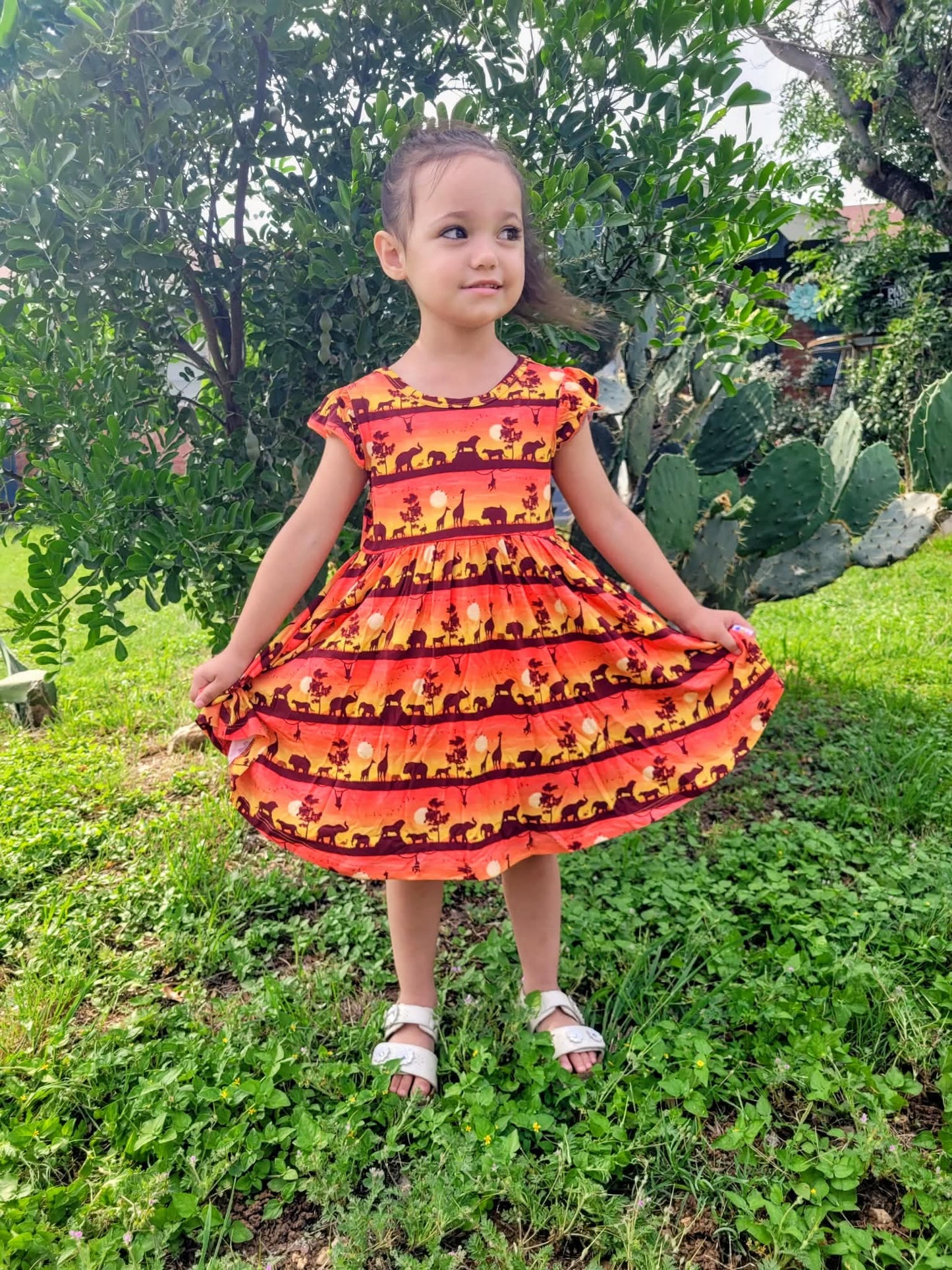 Sunset Safari Twirl dress with Bow back