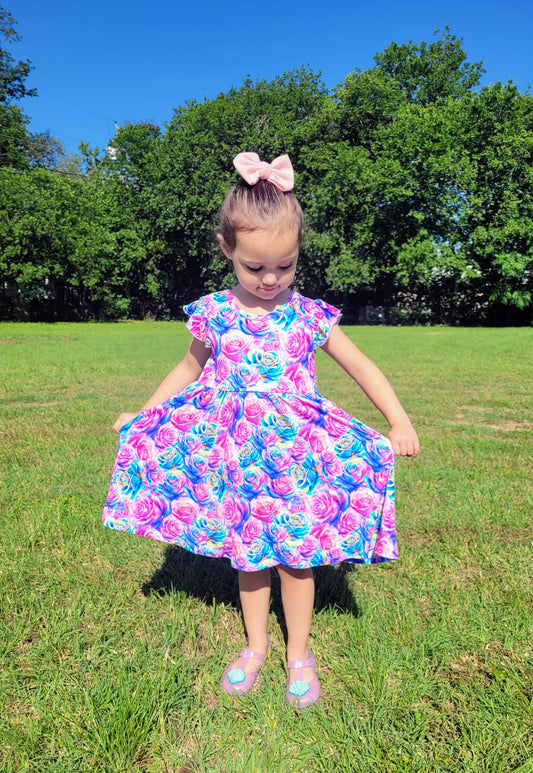 Fluorescent Flowers Twirl dress with Bow back